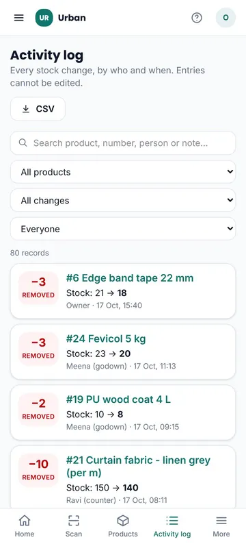 QR Stock activity log on a phone: stock changes with the amount added or removed, the count before and after, who made the change and when