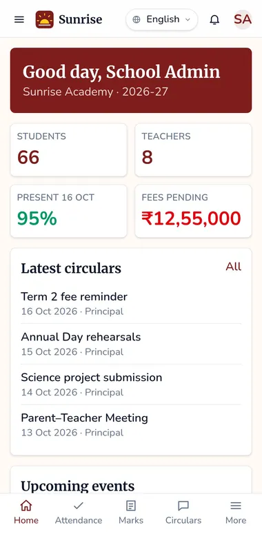 School by GroverHQ admin home screen in a school's own colours, showing student and teacher counts, attendance, pending fees and latest circulars