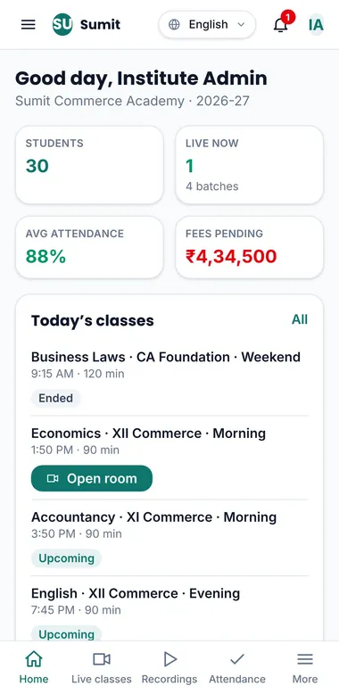 Coaching by GroverHQ admin home screen in an institute's own colours, showing students, live classes now, average attendance, pending fees and today's classes
