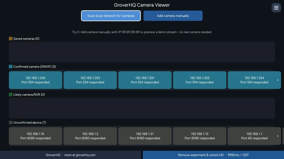 Camera Viewer home screen listing cameras found on the local network