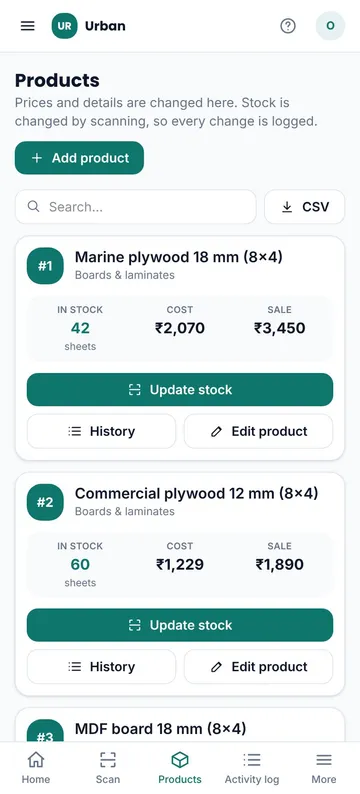 QR Stock products screen on a phone: product cards with stock, cost price and sale price, and buttons to update stock, see history or edit the product