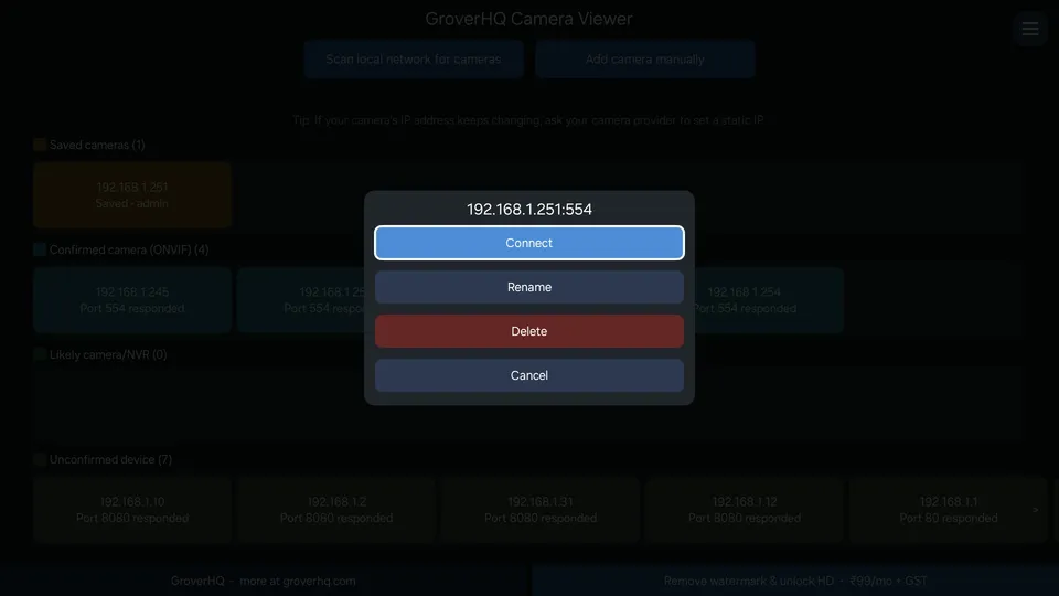 Saved camera menu with Connect, Rename and Delete