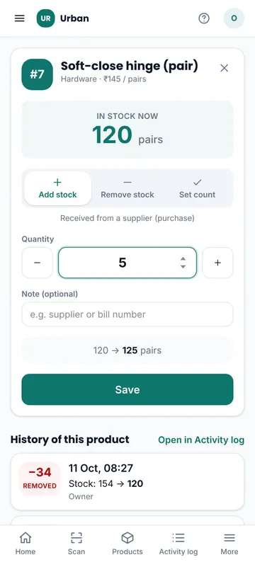 QR Stock on a phone: a product with 120 pairs in stock, buttons to add stock, remove stock or set the count, and a quantity of 5 typed in with the result 120 to 125 shown