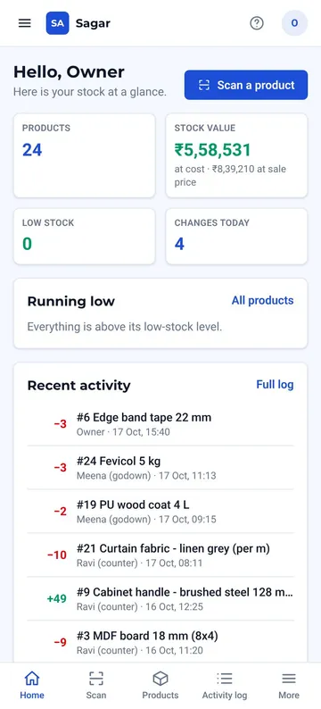 QR Stock owner home screen on a phone in a hardware shop's own blue and orange colours, showing stock value, low stock and recent activity